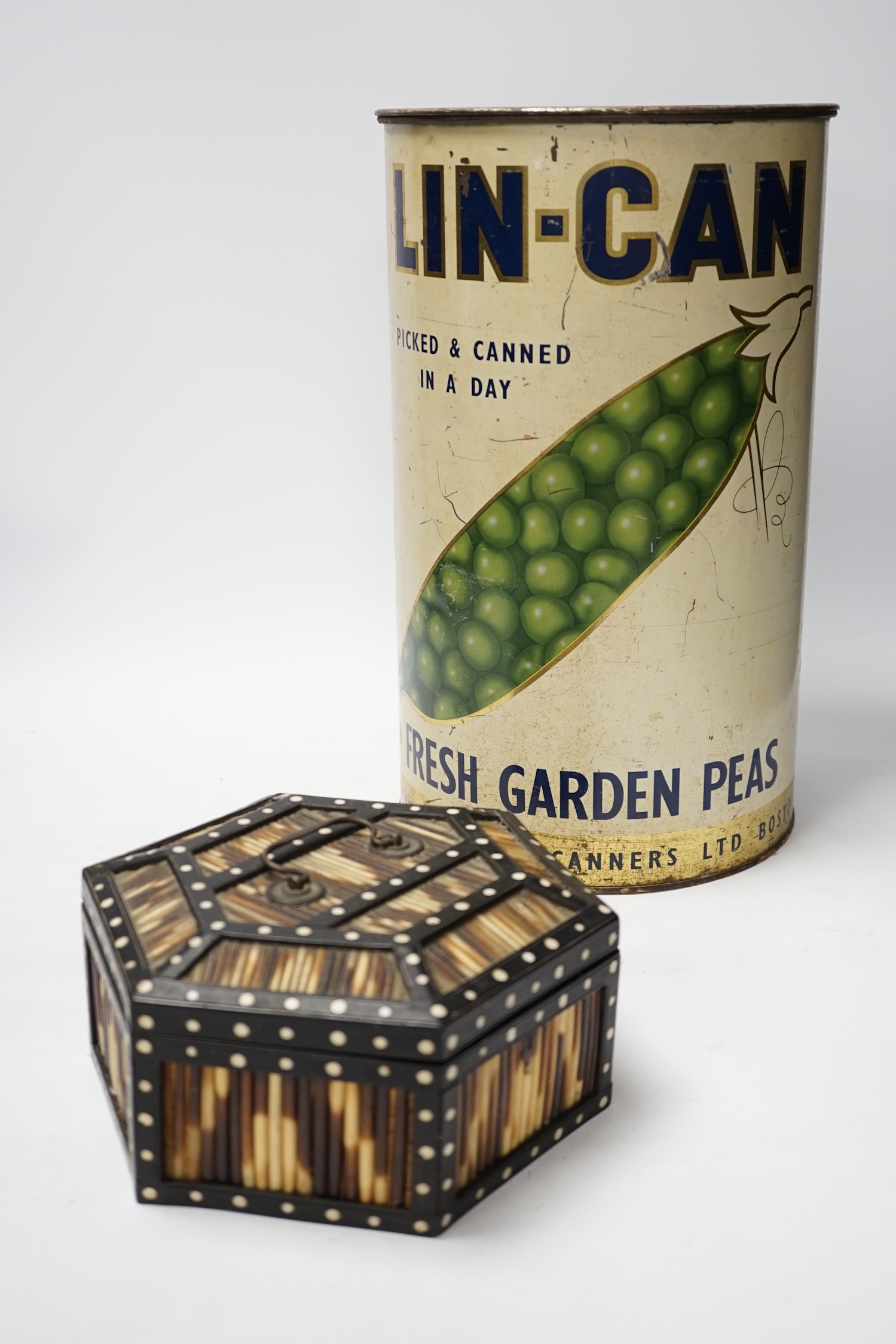 A Ceylonese porcupine quill box and a large adverting tin for Lin-Can Fresh Garden Peas, tin 37cm high